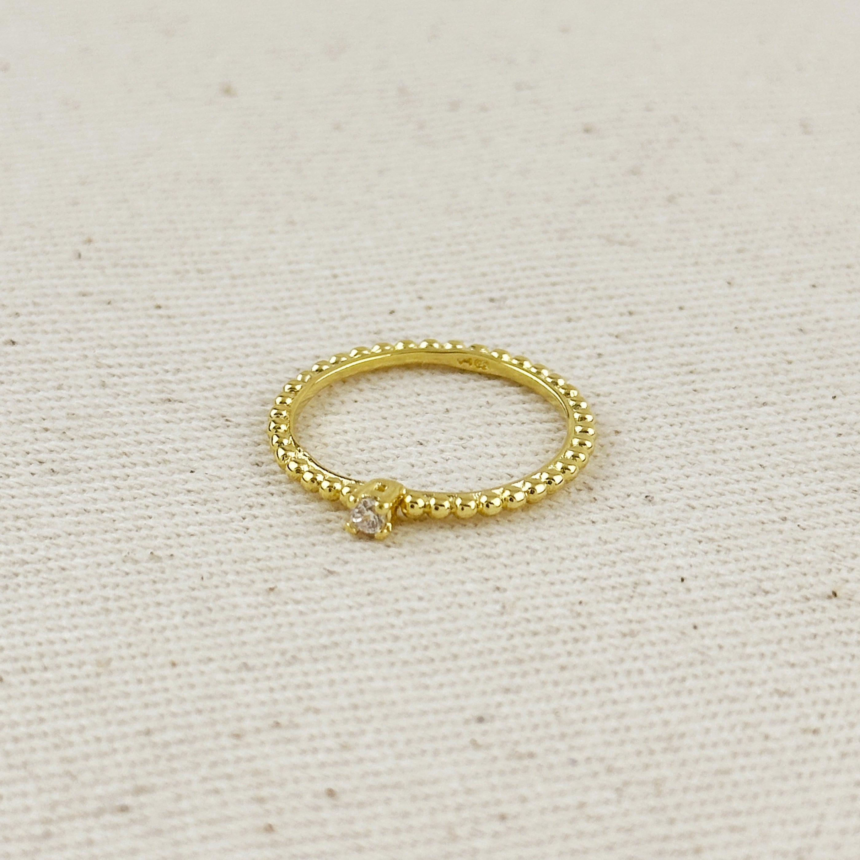 Beaded Ring with Single CZ Stone 18K Gold filled