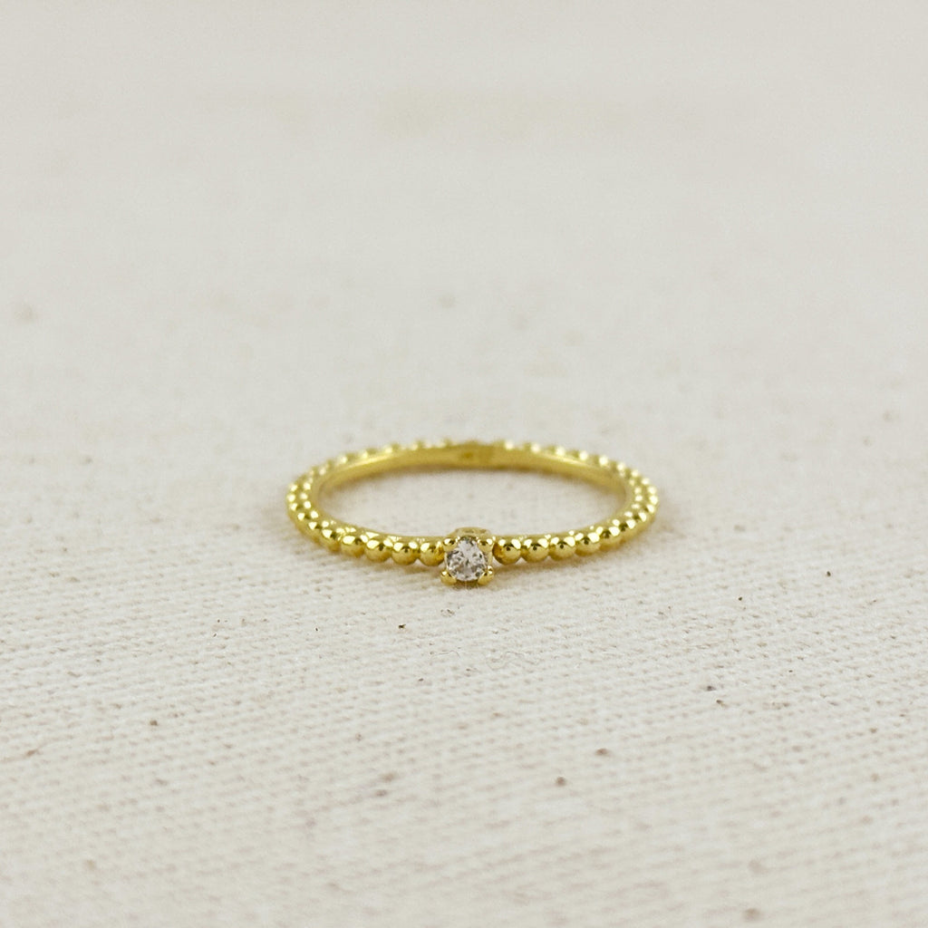Beaded Ring with Single CZ Stone 18K Gold filled