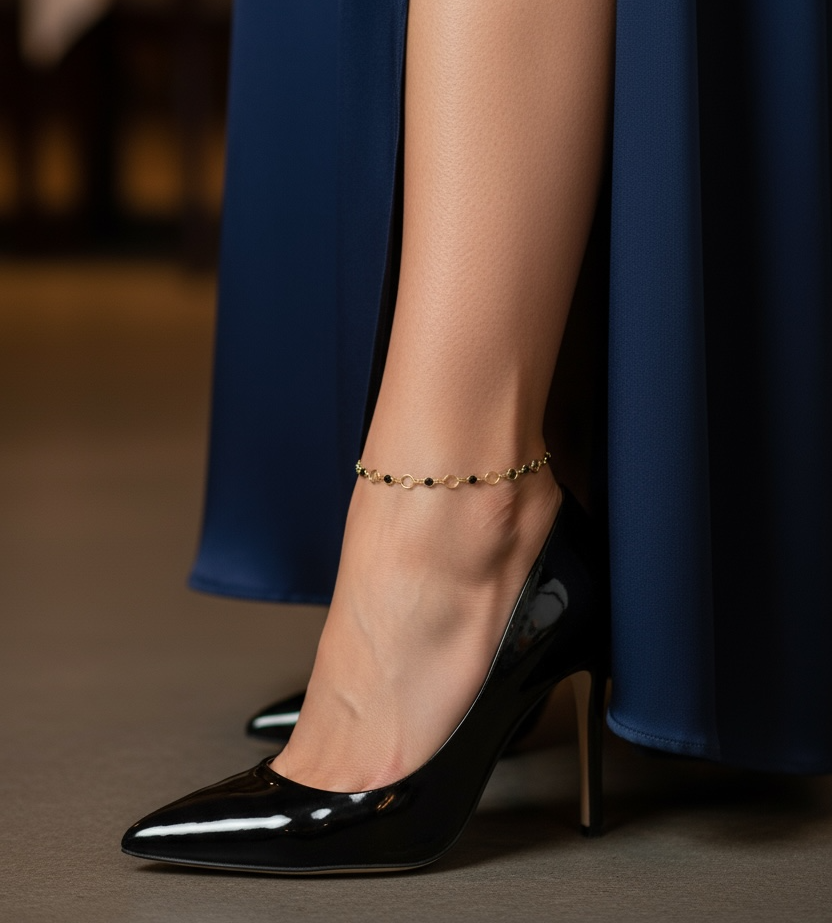 Anklet 18k Gold Filled Black Bezel CZ & Circles