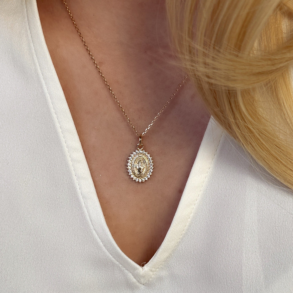 Gold Filled 18k Double Sided CZ Lady of Grace Medal Pendant