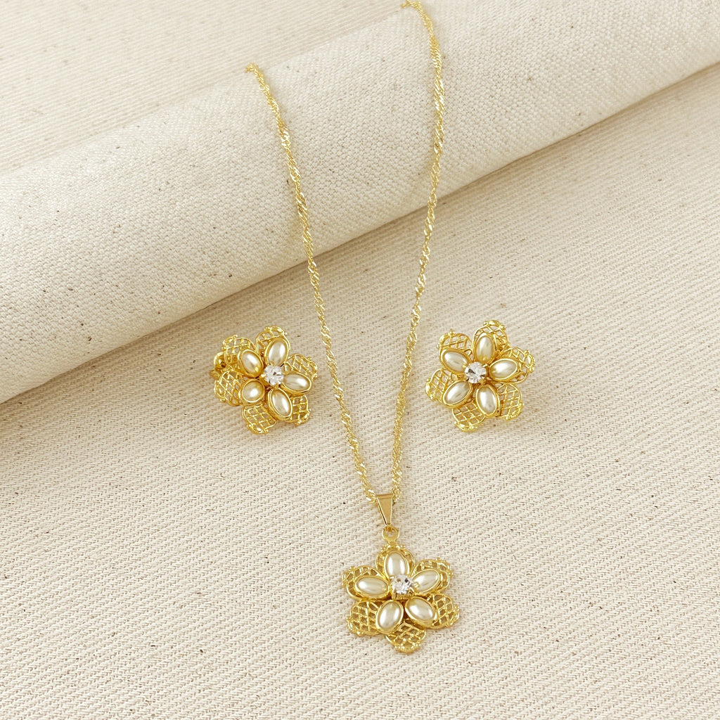 Necklace and Earring Set 18k Gold Filled Mesh Flower