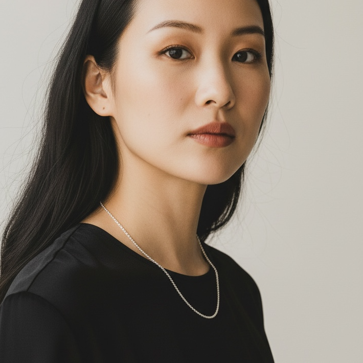 Woman wearing a black top against a plain background