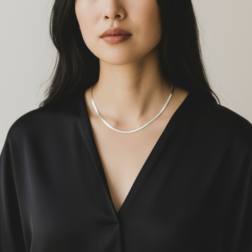 Woman wearing a black top and silver necklace against a neutral background