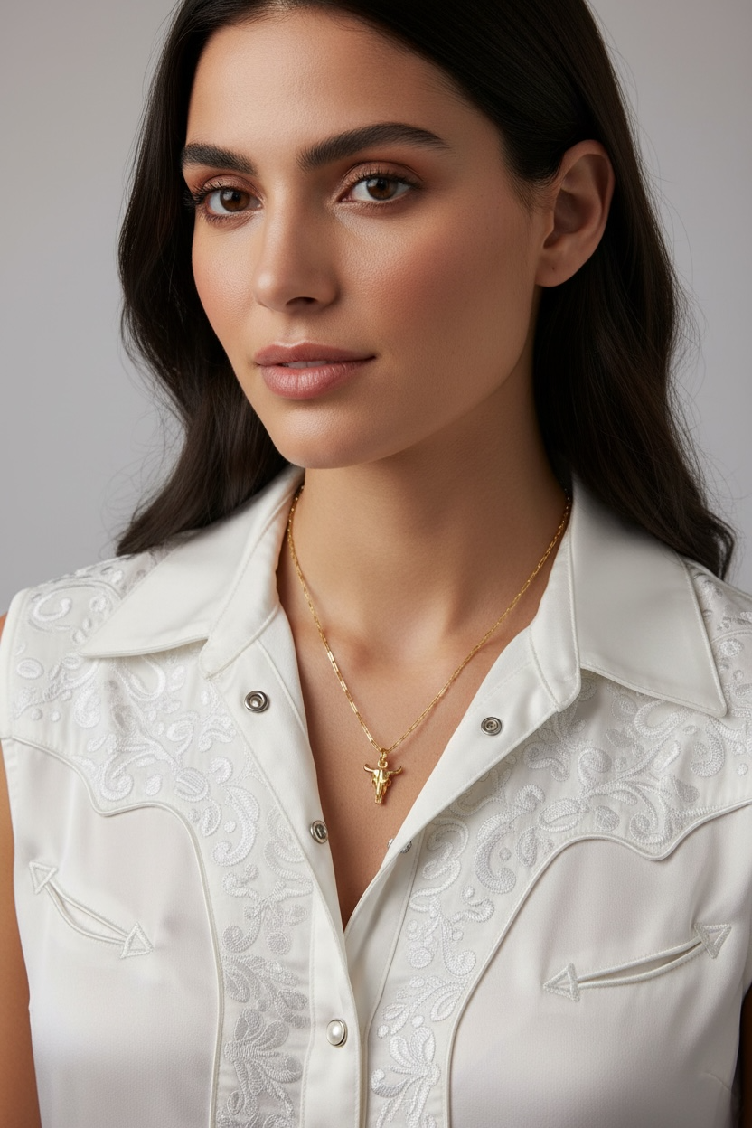Woman wearing a white embroidered vest over a white shirt with a gold necklace.