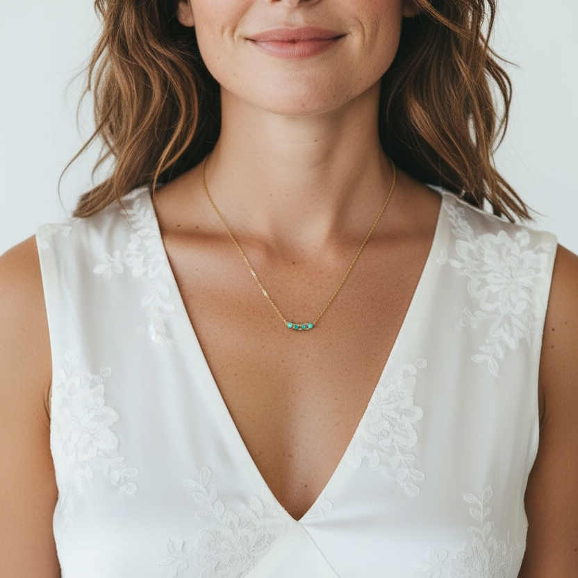 Woman wearing a white sleeveless dress with a deep neckline against a plain background