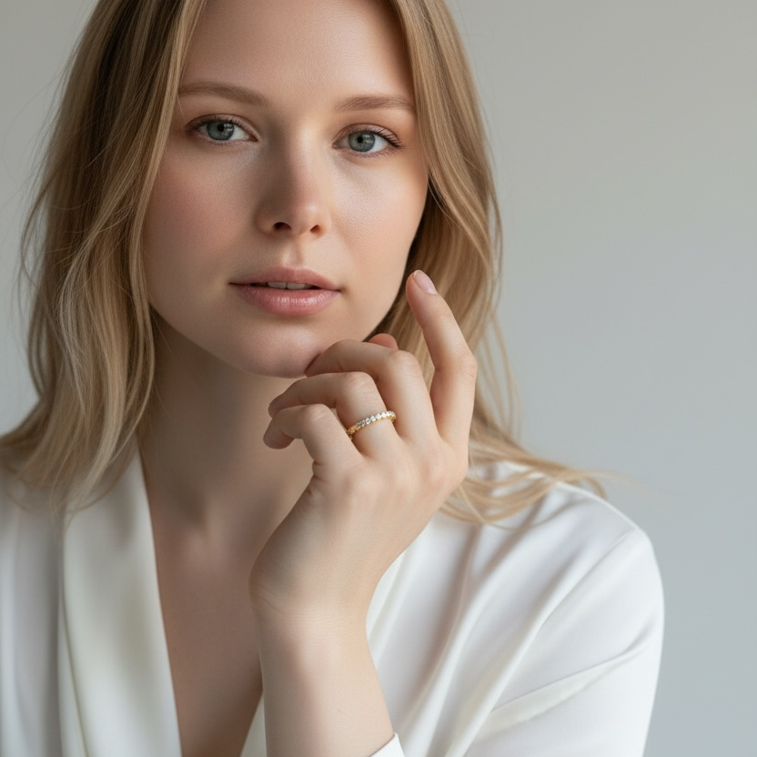 Woman wearing a white blouse against a plain background