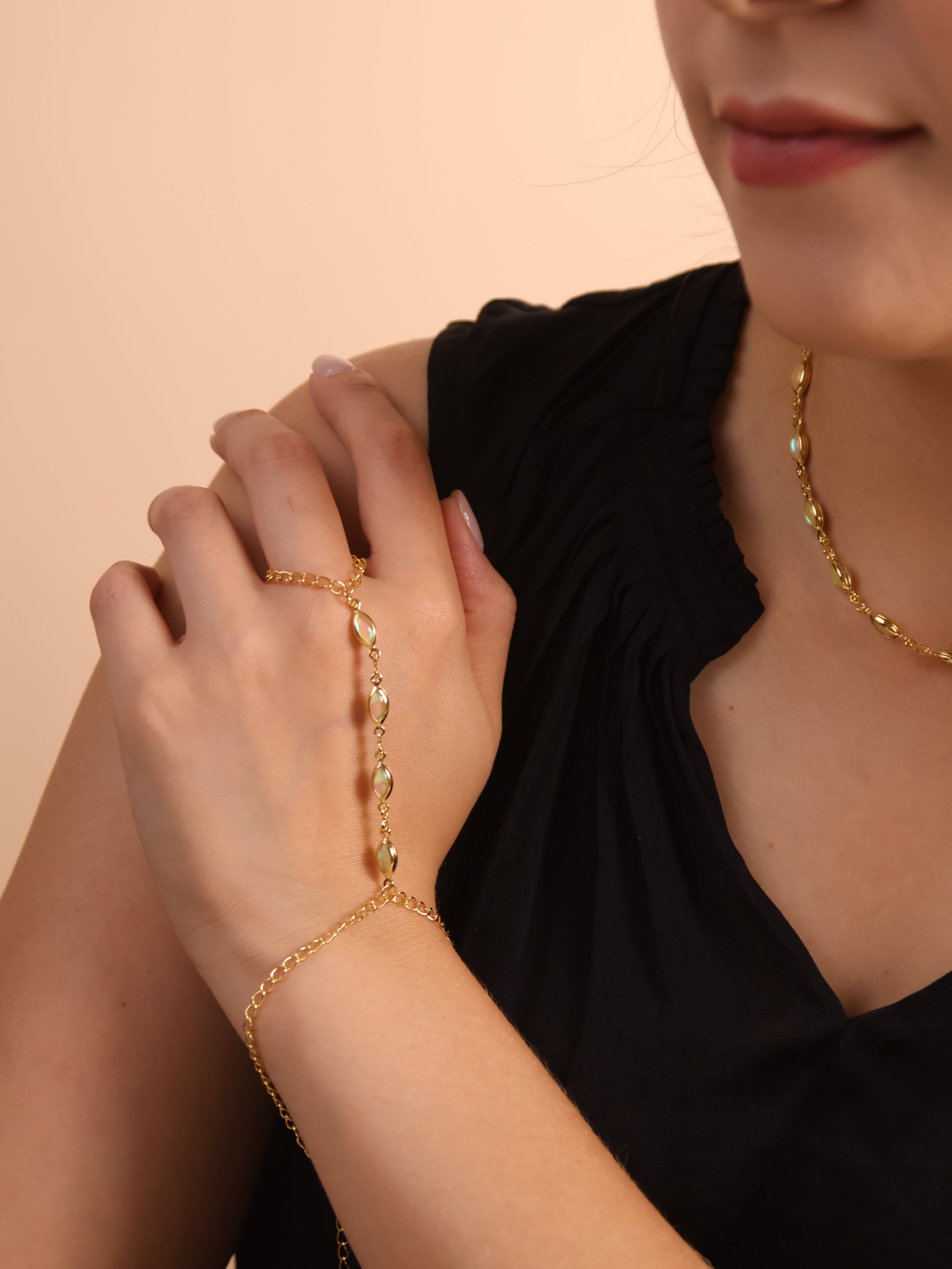 Hand Chain 18k Gold Filled Ellipse Opal