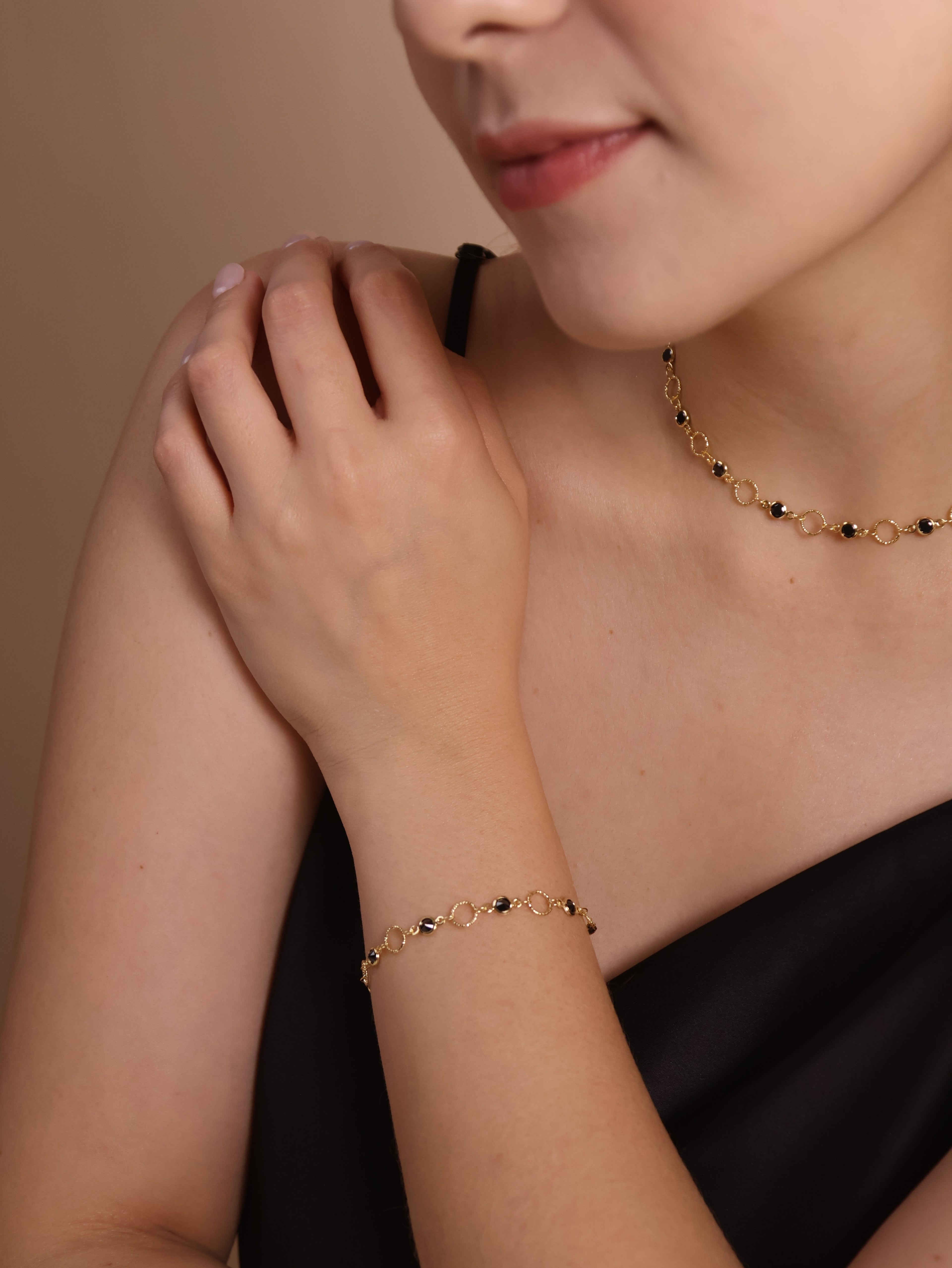 Gold Filled 18k Black Bezel CZ & Circles Bracelet