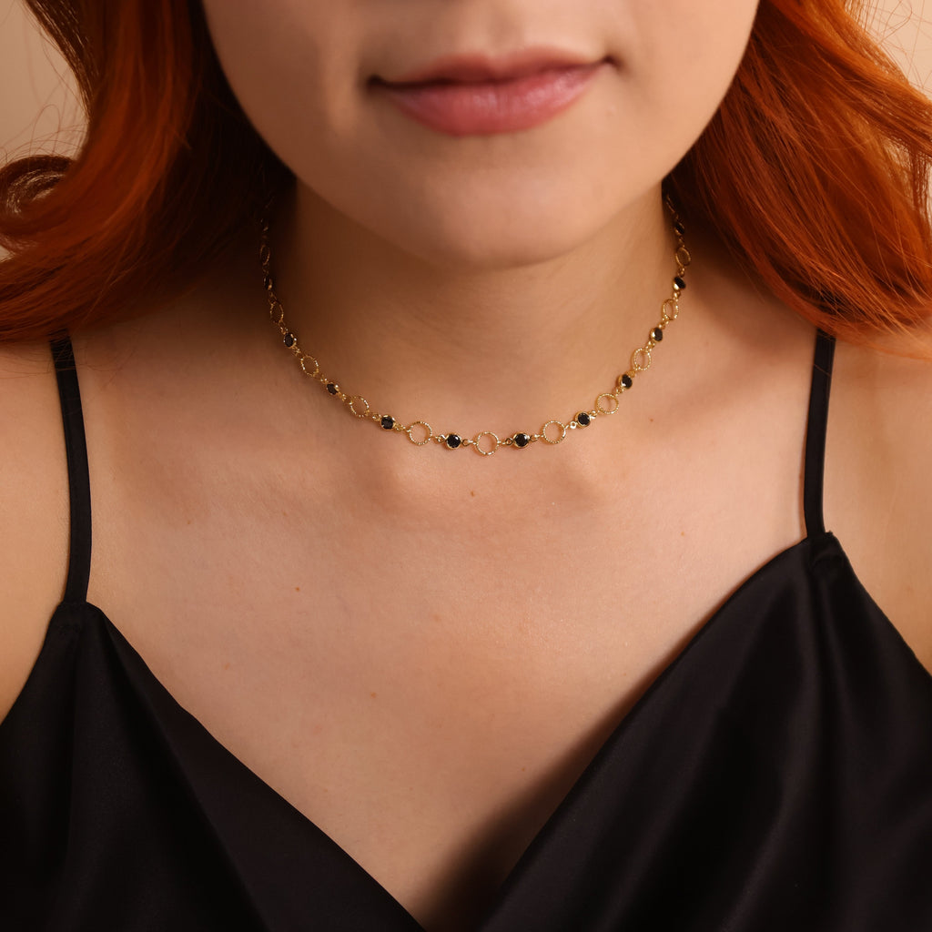 Black Bezel CZ & Circles Choker Necklace 18k Gold Filled