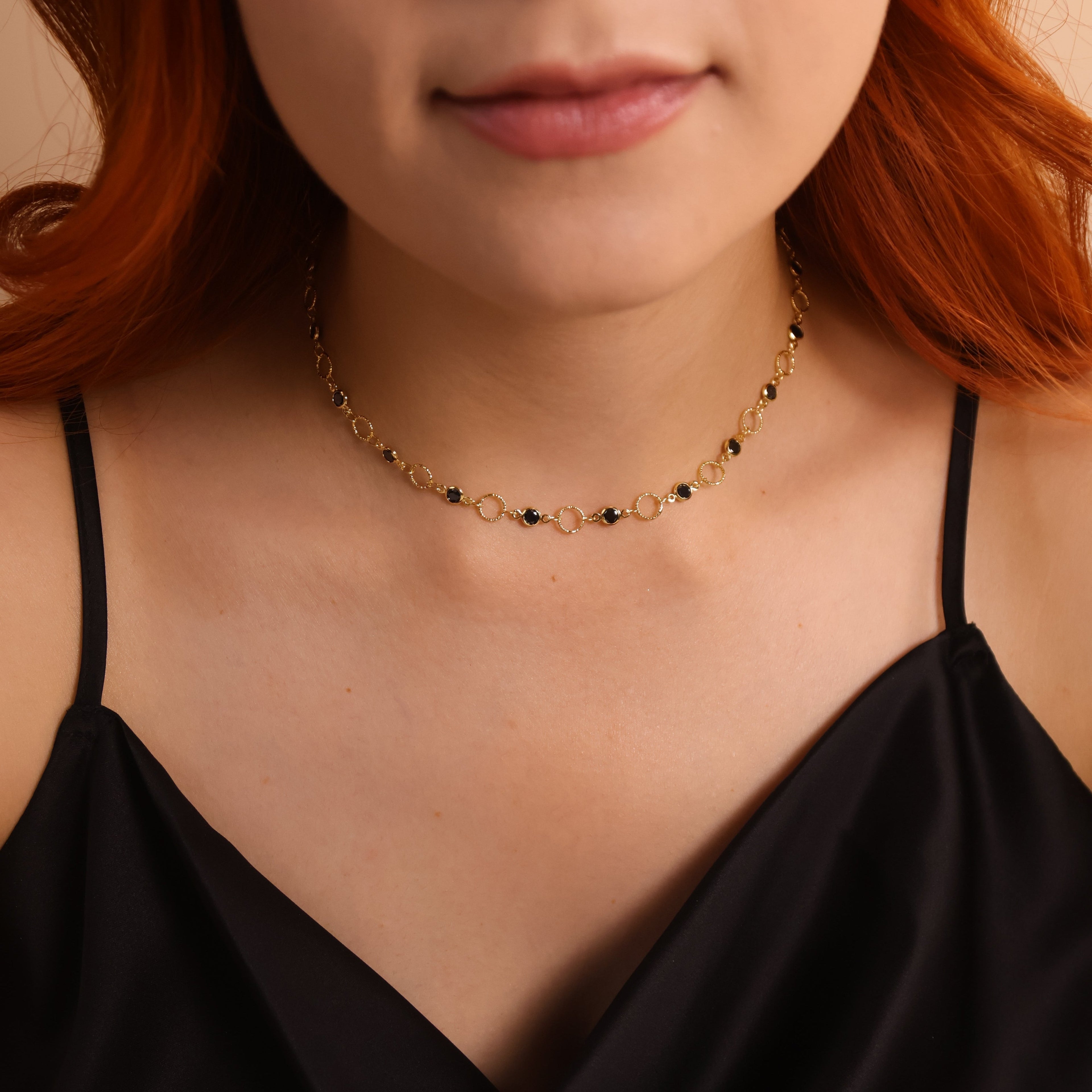 Black Bezel CZ & Circles Choker Necklace 18k Gold Filled