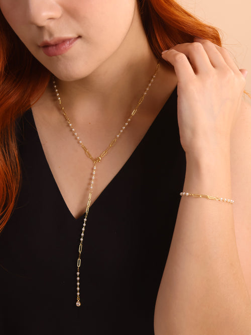 18k Gold Filled Paperclip & Pearls Diamond Cut Lariat Necklace