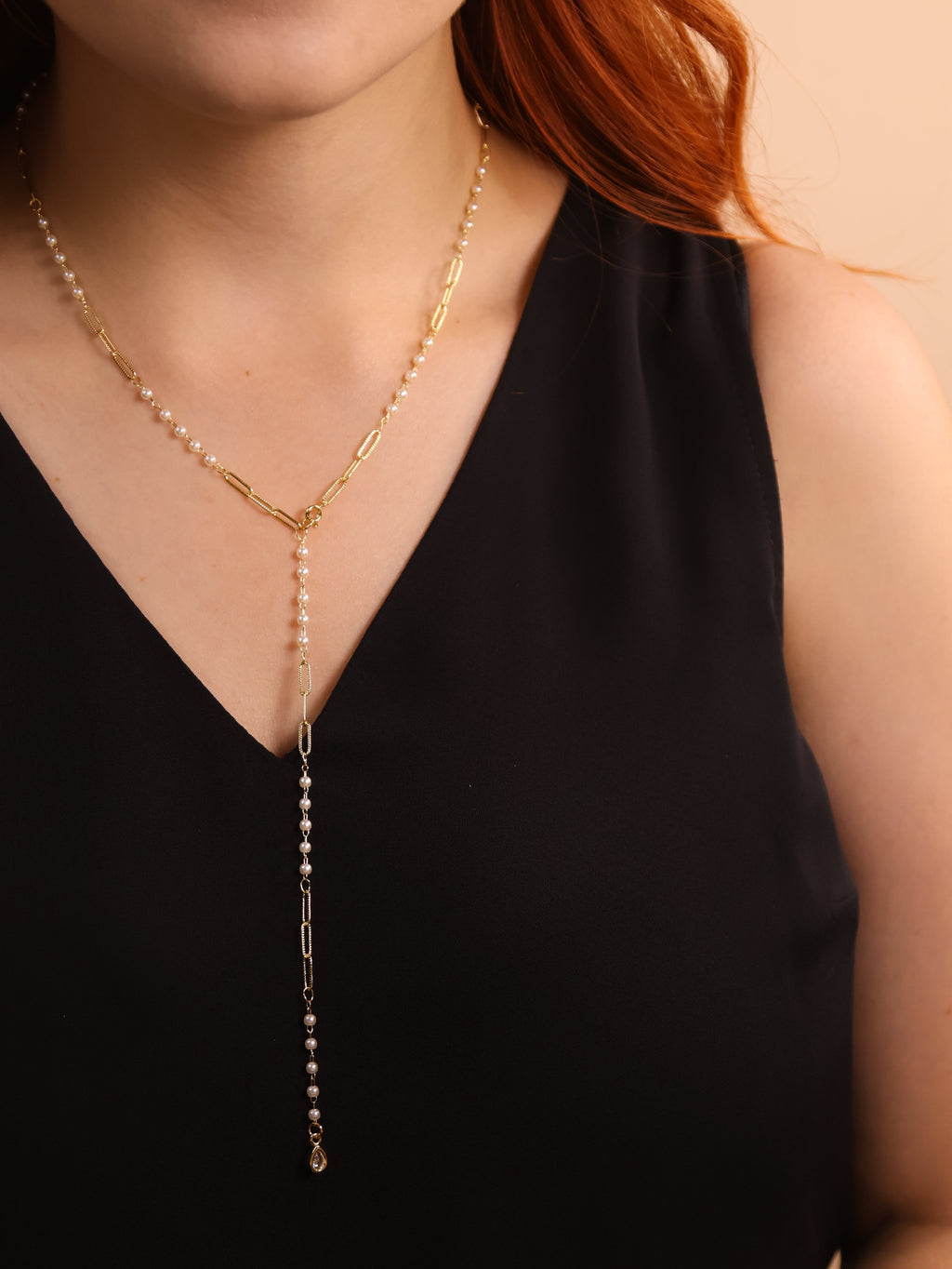 18k Gold Filled Paperclip & Pearls Diamond Cut Lariat Necklace