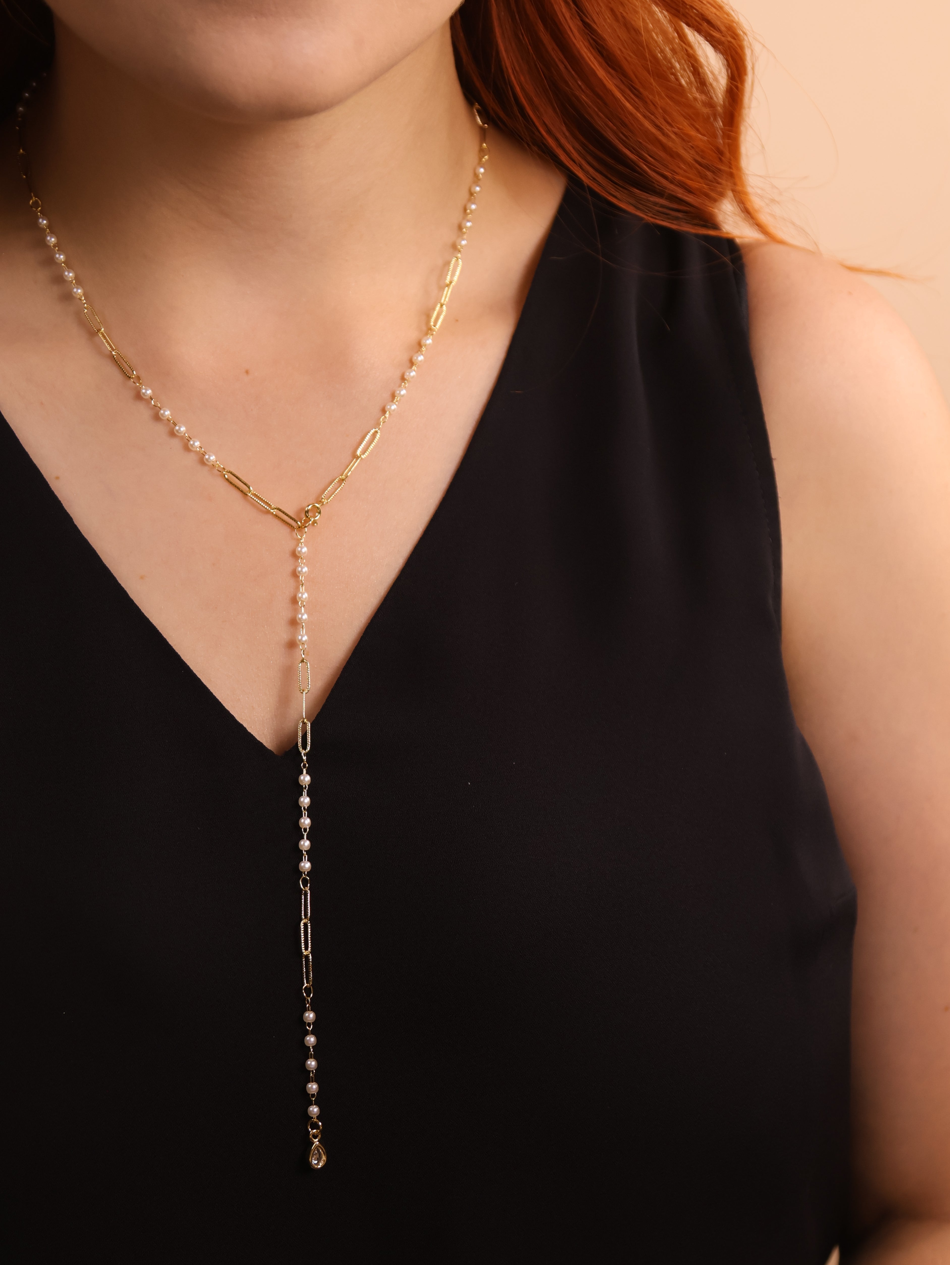 18k Gold Filled Paperclip & Pearls Diamond Cut Lariat Necklace