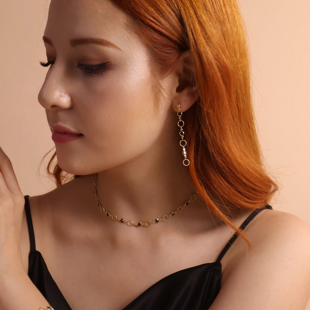 Black Bezel CZ & Circles Choker Necklace 18k Gold Filled