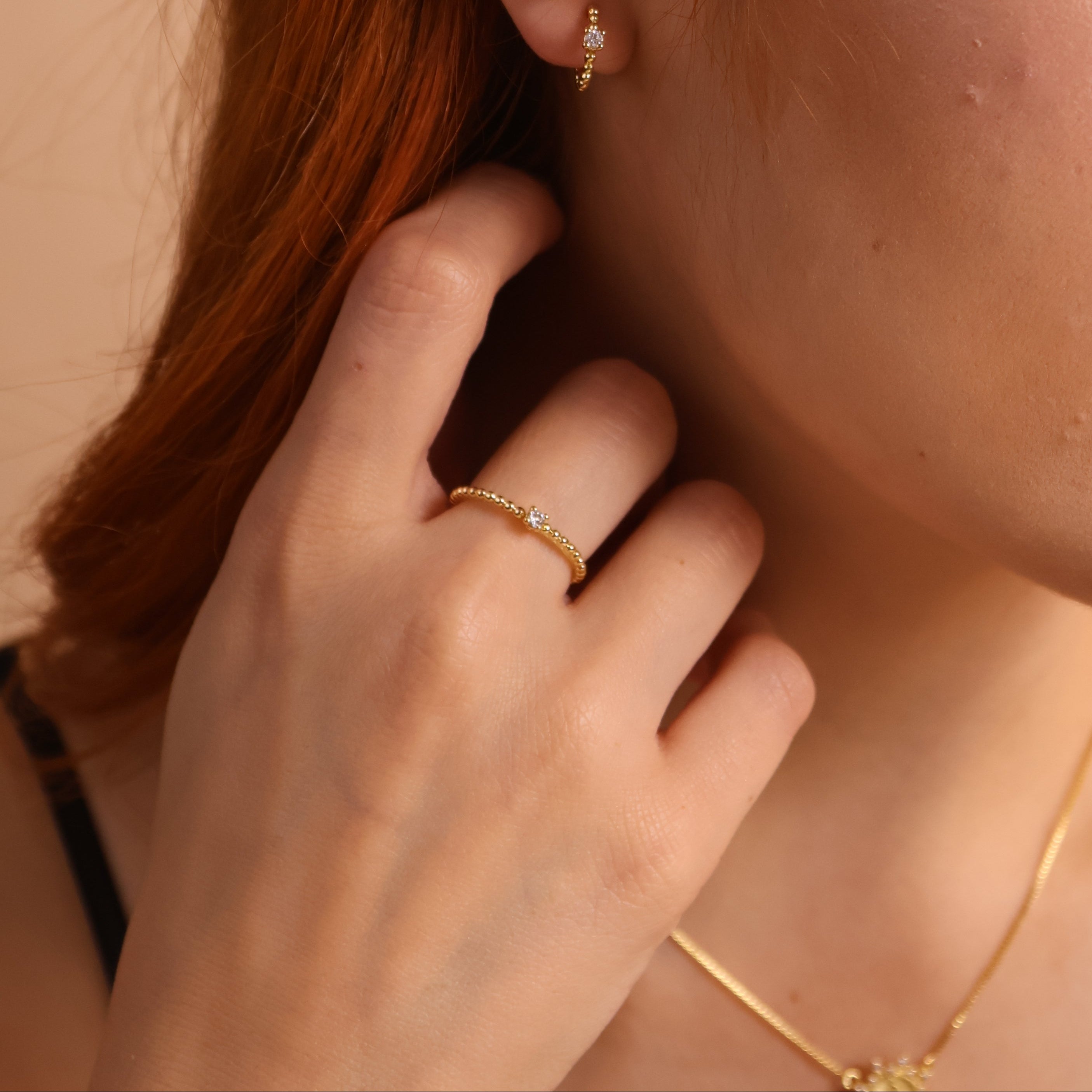 Beaded Ring with Single CZ Stone 18K Gold filled