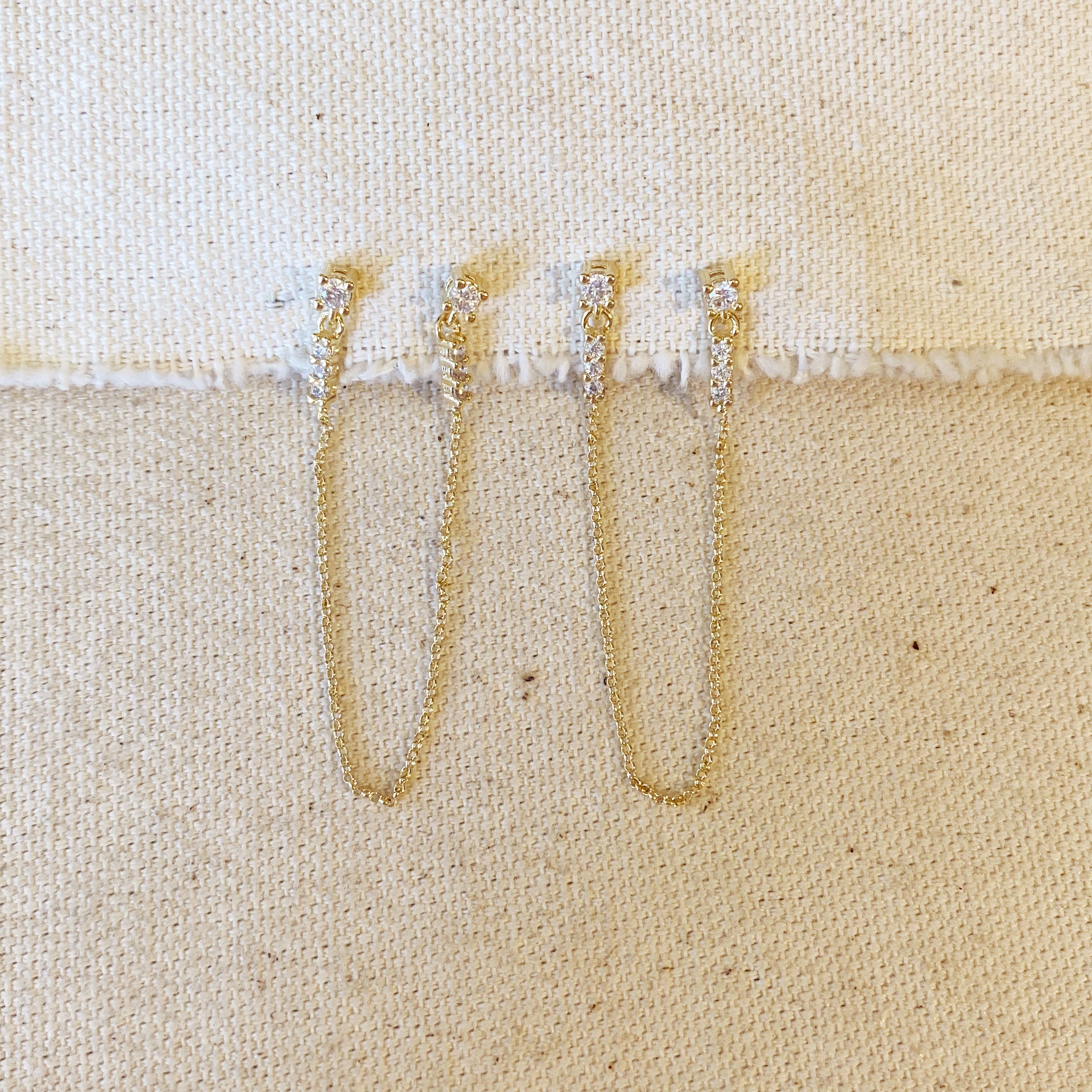 Earrings CZ Double Piercing Connected by Chain