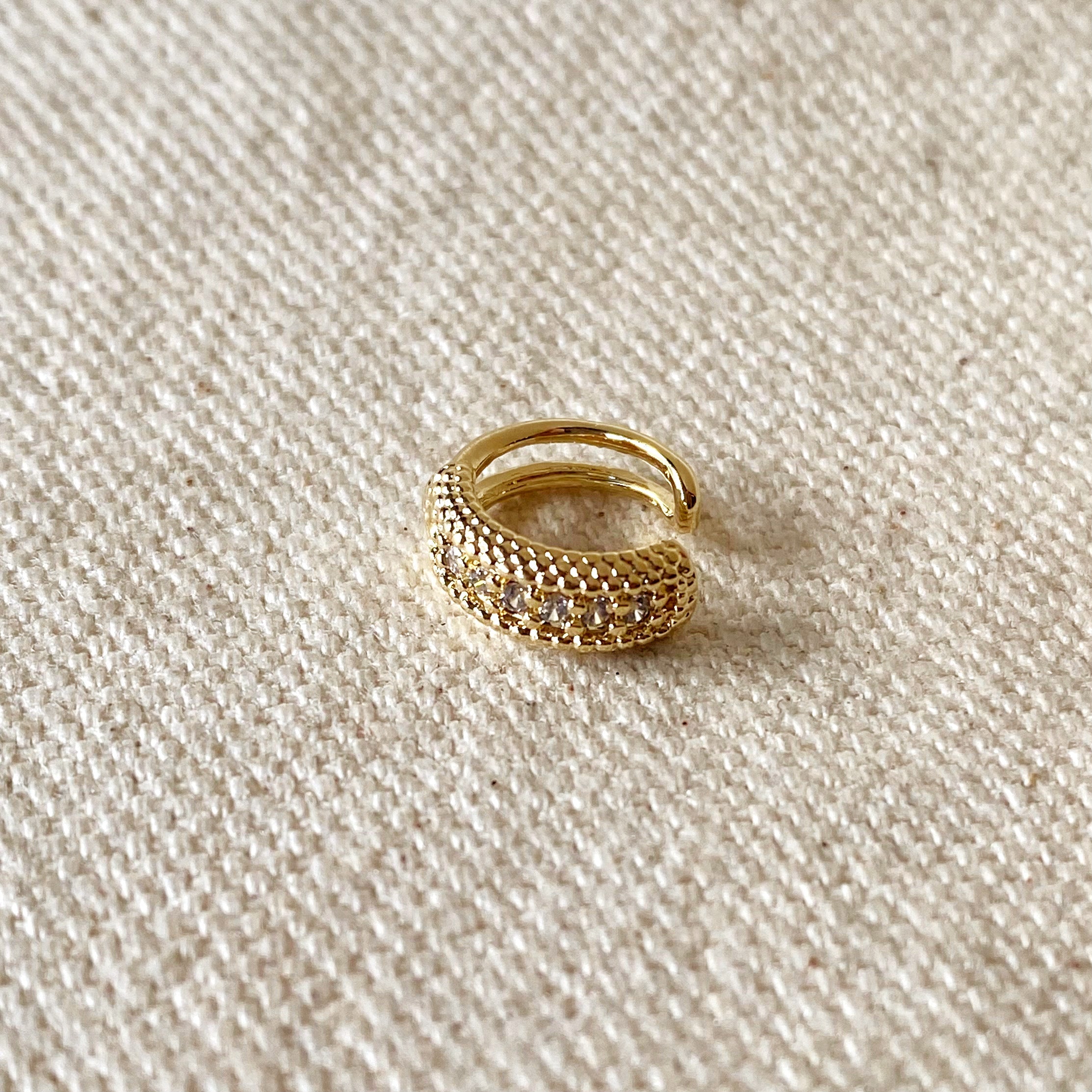 Gold Filled 18k Ear Cuff Earring With Beaded Texture Cubic Zirconia Detail