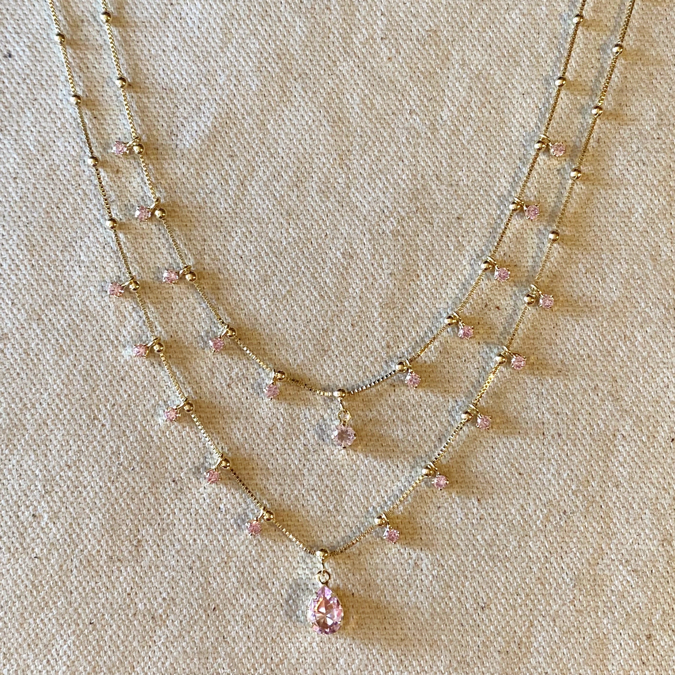 Gold Filled 18k Double Teardrop Nude Pink Necklace