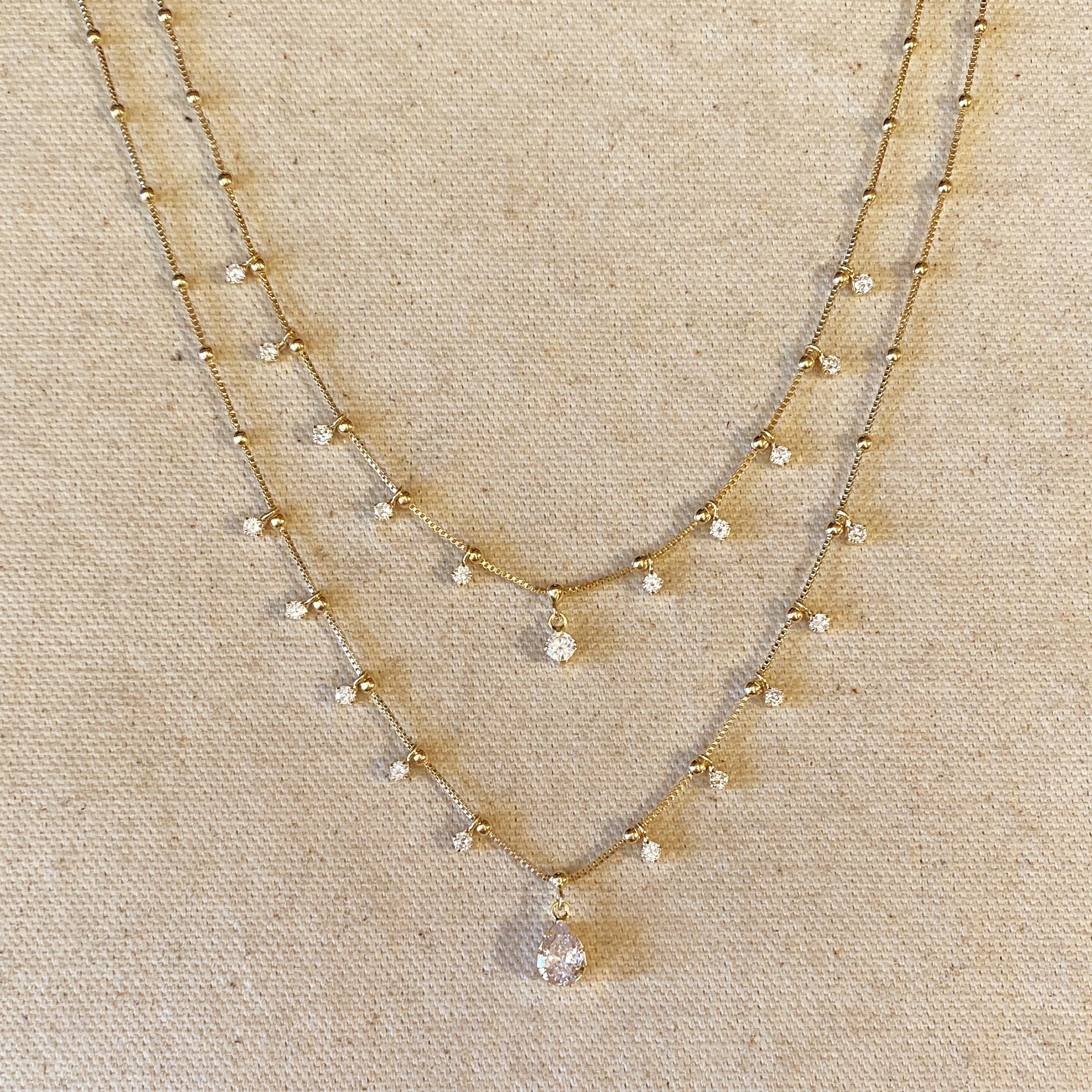 Gold Filled 18k Double Teardrop Clear Necklace