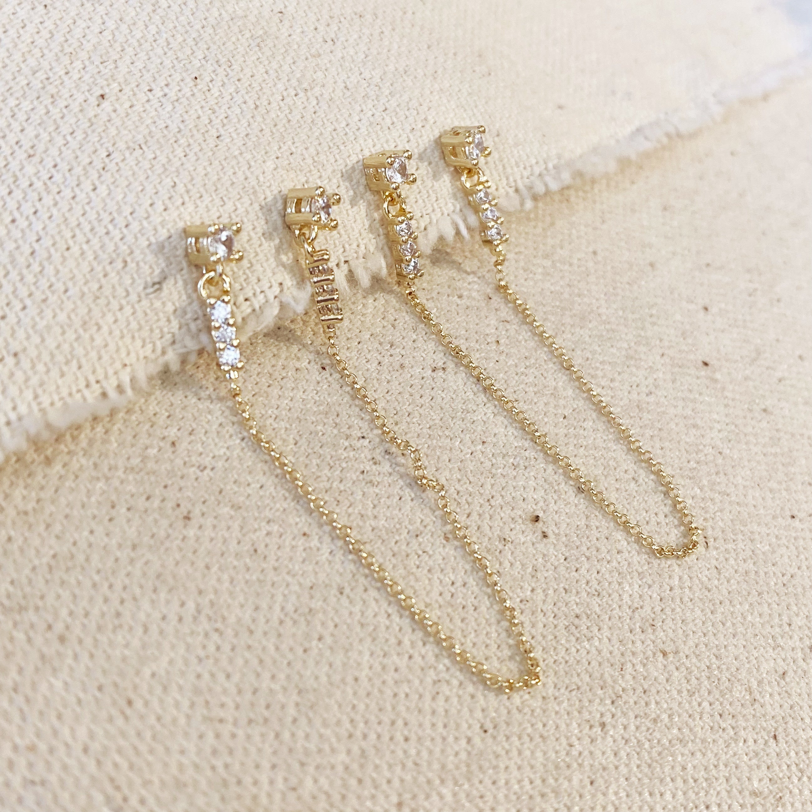 Earrings CZ Double Piercing Connected by Chain