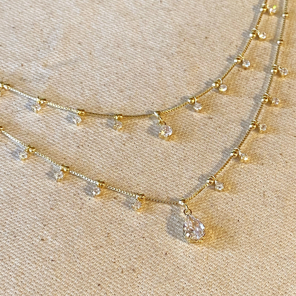 Gold Filled 18k Double Teardrop Clear Necklace