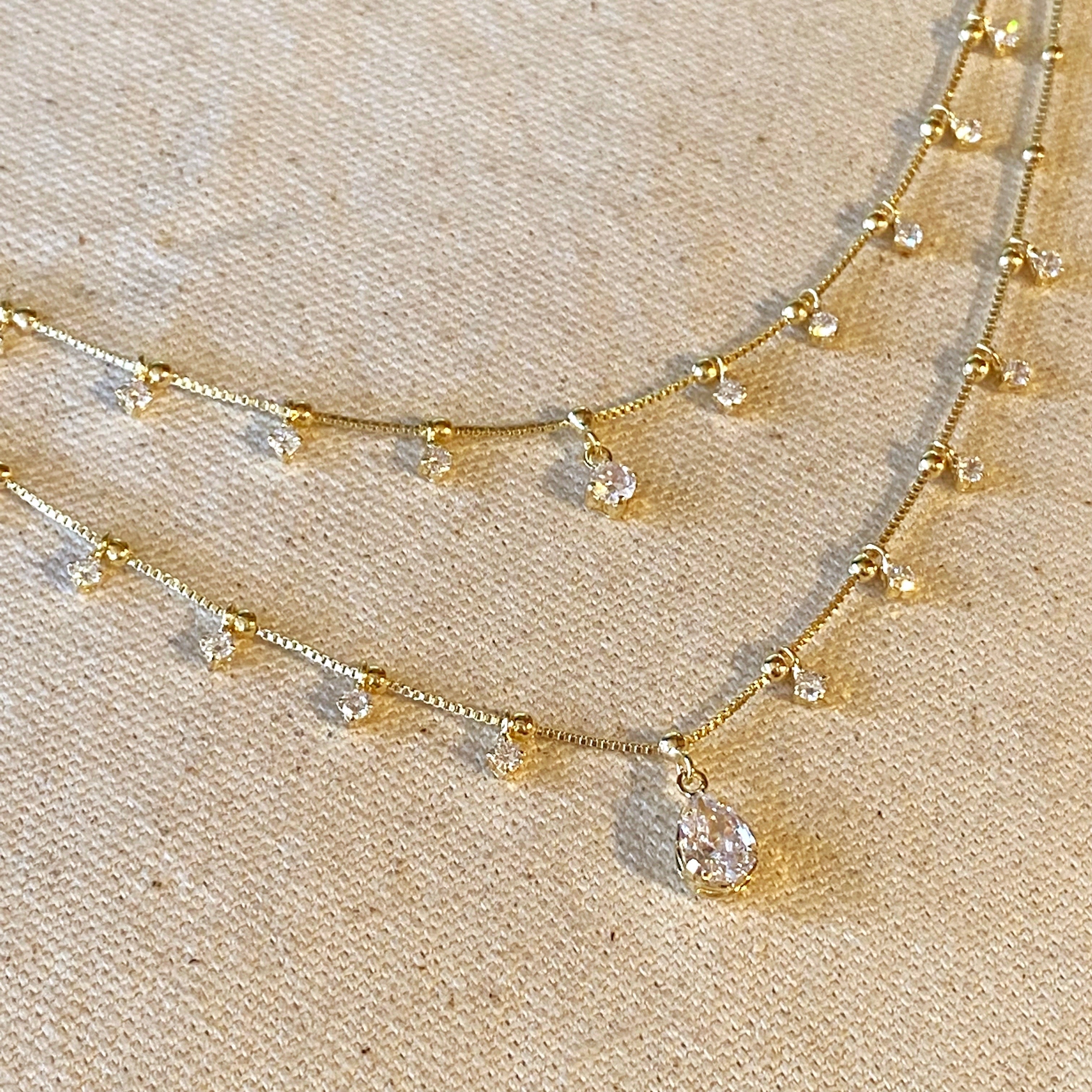 Gold Filled 18k Double Teardrop Clear Necklace