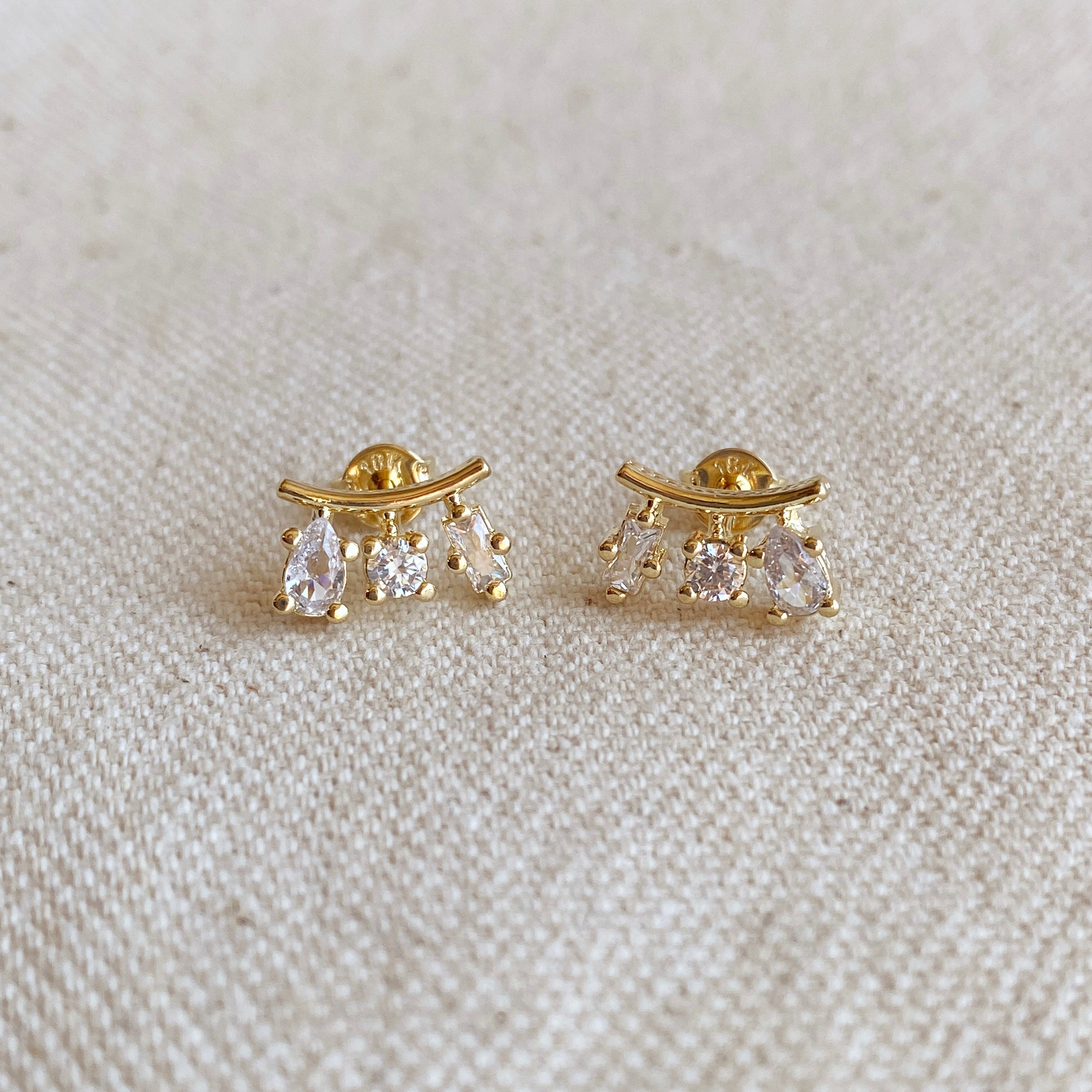 Gold Filled 18k Clear Cubic Zirconia 3-Shapes Stud Earrings